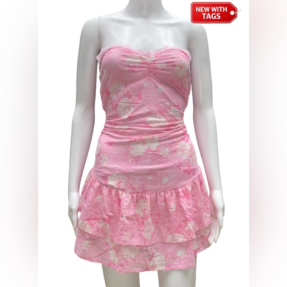 NWT LoveShackFancy x PINK Lace Strapless Mini Dress Pink Ruffle Size M